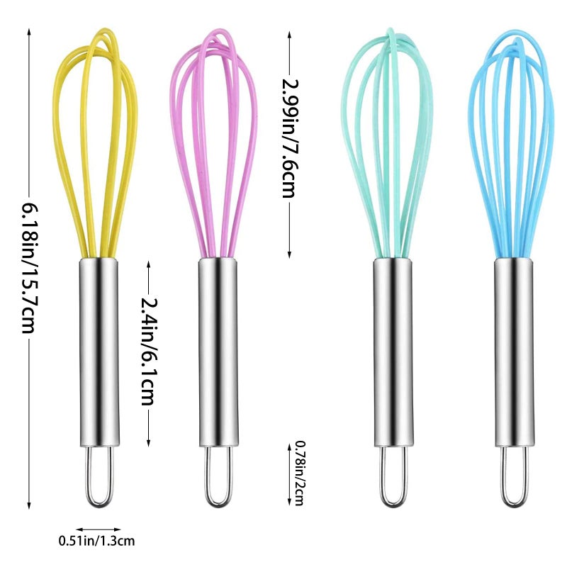 Newbested 4 Pack Colorful Mini Silicone Kitchen Whisks with Stainless Steel Handles for Milk Egg Blending Stirring Whisking and Beating(4 Colors,6 Inches) - Image 2